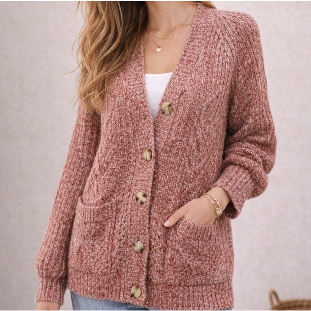 CAbi Twist Yarn Cardigan SweaterHeather Red Button Up Cozy Knit Size M